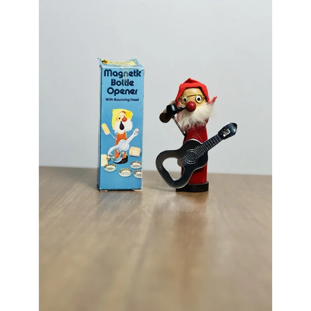 Vintage Magnetic Bottle Opener Corkscrew Playing Guitar 1960s‎ Wooden Bobblehead